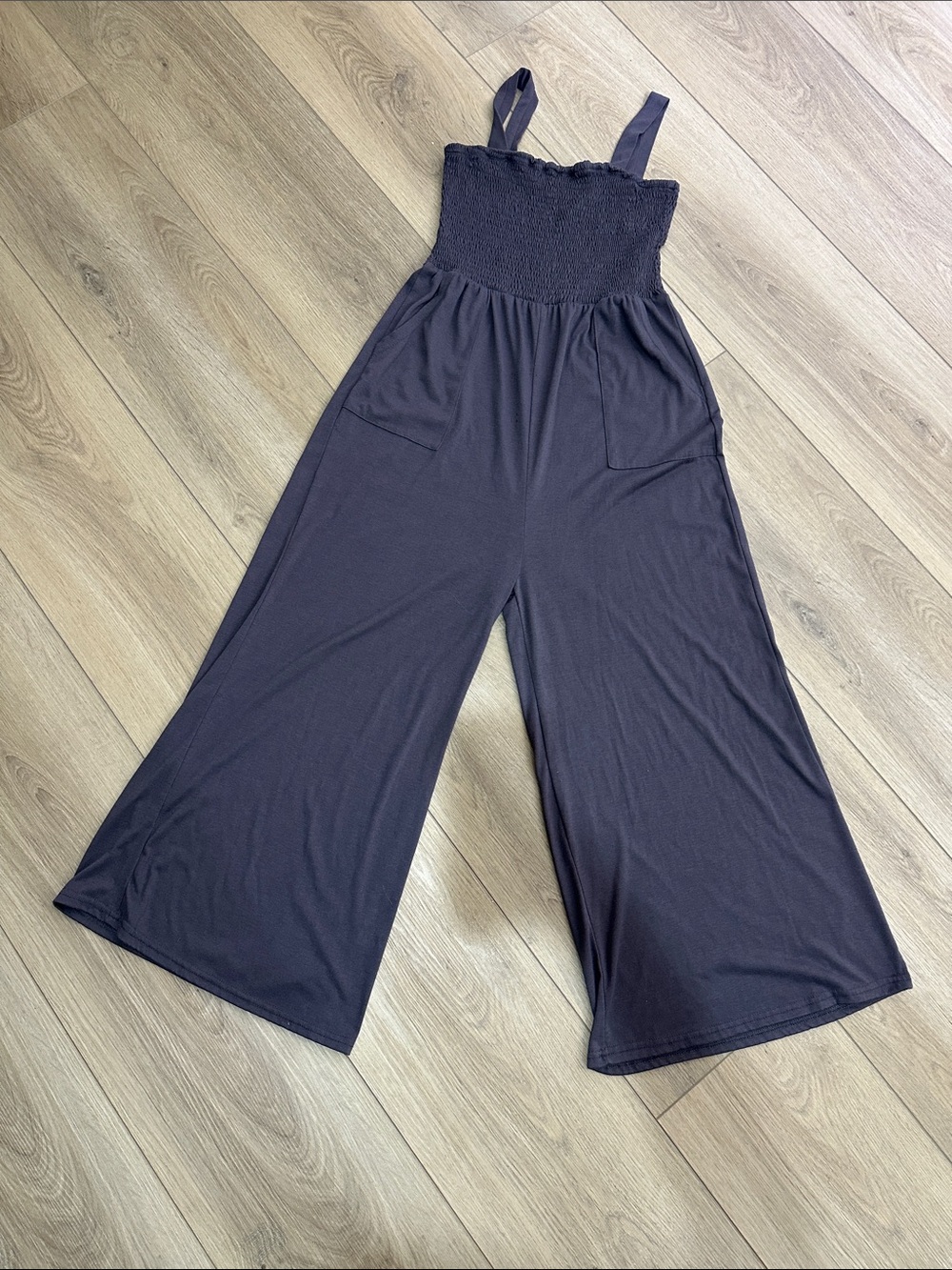 Smocked Wide-Leg Jumpsuit in Charcoal gray. Medium